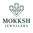 a diamond with green emrald designed and text Mokksh Jewellers all in emrald color and off-white background.